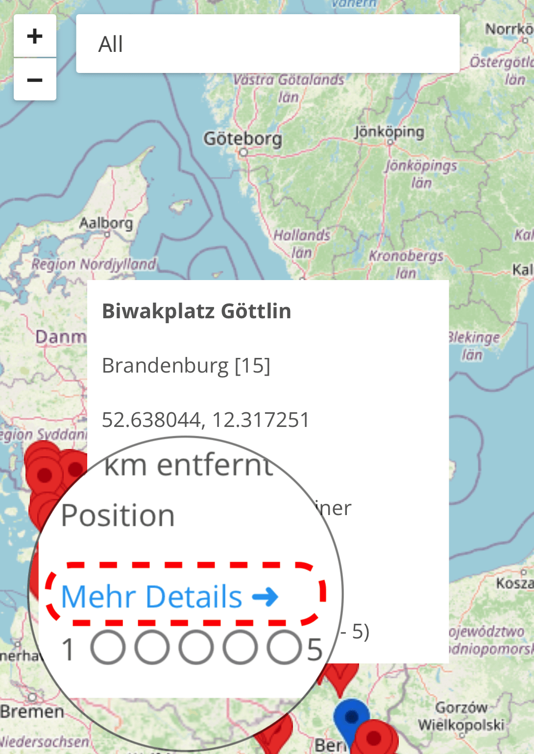 Karte für Trekking- und Biwakplätze, mobile Ansicht